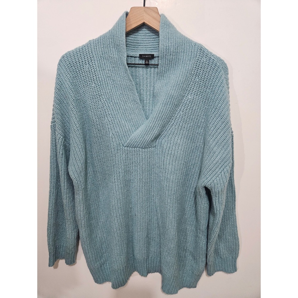 Talbots‎ Womens XL Light Blue Shawl Collar V-Neck Shaker Knit Wool Blend Sweater